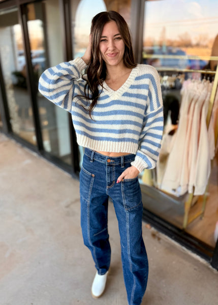 Winter Blues Striped Cropped Sweater