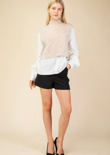 Beat Goes Beige Sweater Vest Layered Over White Blouse