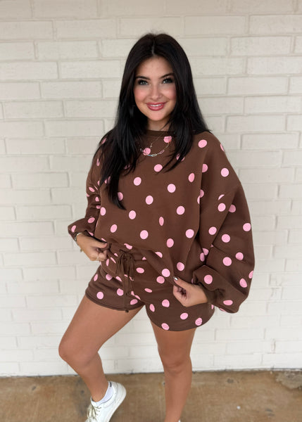 Treat Yourself Brown & Pink Polka Dot Sweatshirt & Short Set