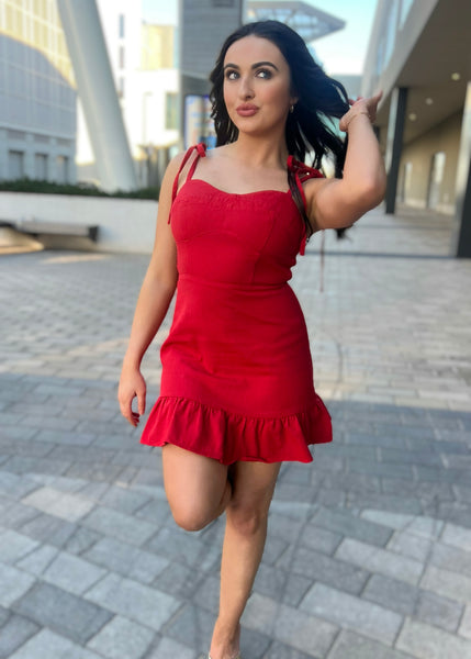 Tie My Love Red Denim Mini Dress