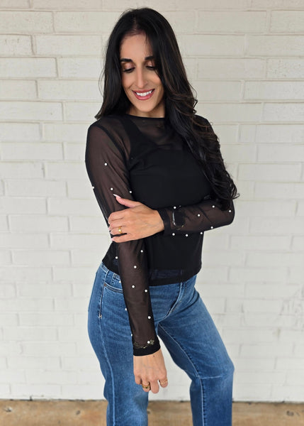 Center Of Attention Mesh Pearl Top - Black