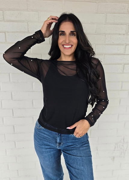 Center Of Attention Mesh Pearl Top - Black