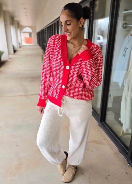 Make A Plan Red & White Fuzzy Cardigan