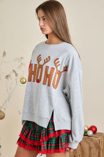 Ho Ho Ho Patched Grey Oversized Sweatshirt