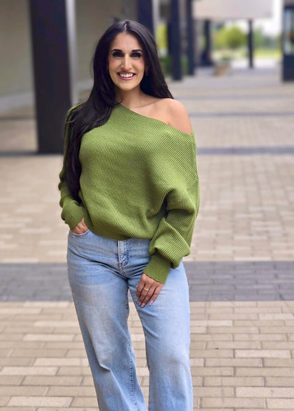 Fireside Casual Off The Shoulder Olive Waffle Knit Top