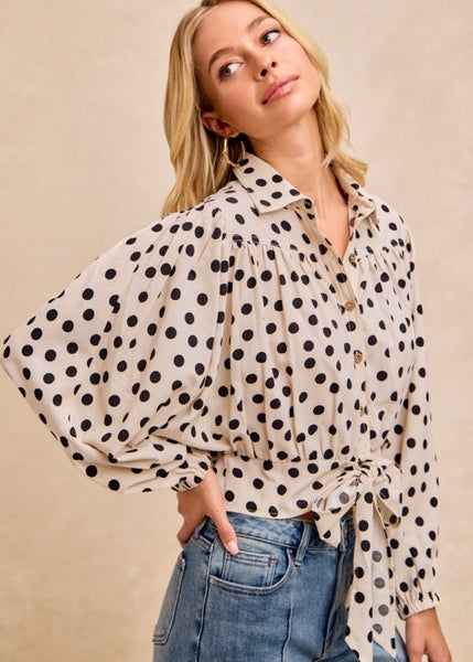 Dots Galore Cream/Black Polka Dot Tie Top