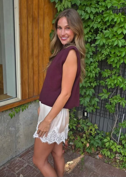 True Believer Deep Purple Sleeveless Top With Polka Dot Tie