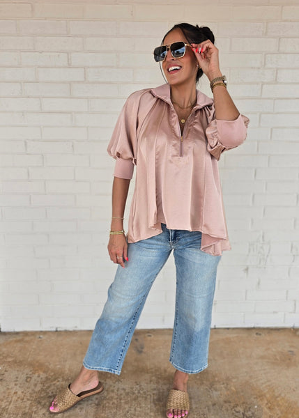 Play It Again Blush Half Zip Flowy Blouse