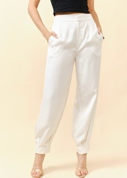 Fancy Pants Ivory Satin Tapered Trouser Pants
