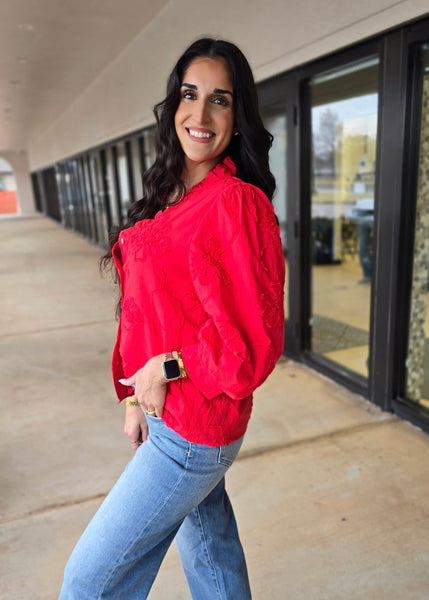 Beauty Mark Red Patterned Button Up Top