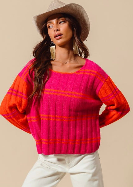 A Cozy Place Fuchsia/Orange Striped Sweater