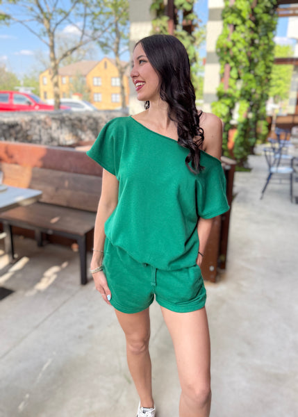 As You Are Kelly Green French Terry Off Shoulder Top - Large