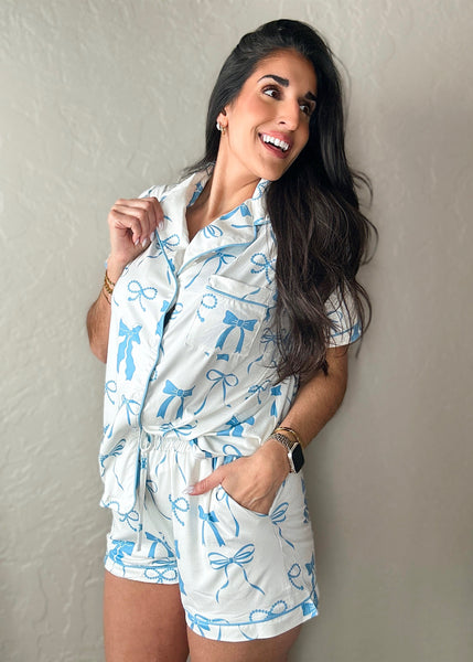 Blue Bows Short Sleeve Loungewear Pajama Set