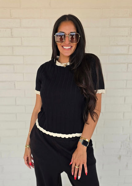 Planning Ahead Black/Cream Ribbed Knit Top