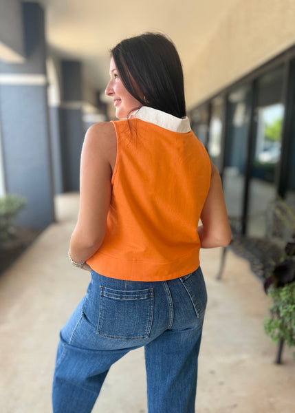 Tailgating Time Sleeveless V Neck Orange/White Poplin Top