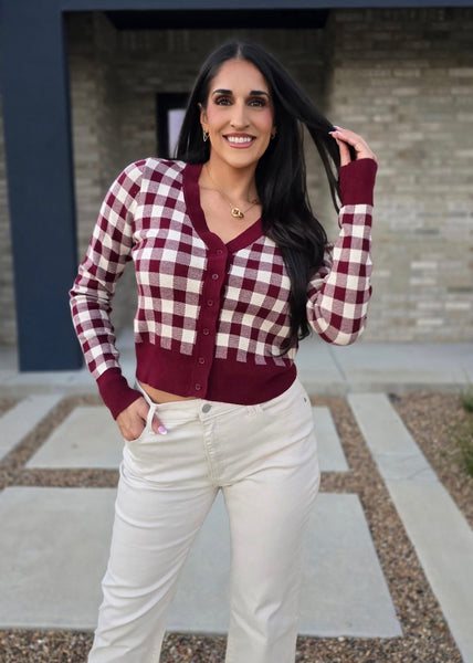 Got It All Burgundy Gingham Cardigan