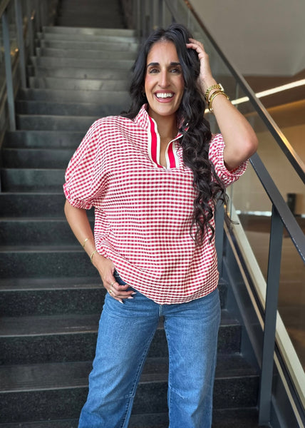 It's A Gem Red Plaid Short Sleeve Blouse