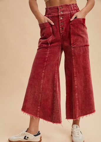 Seasonal Red Corduroy Fray Hem Pants