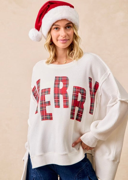 Plaid "Merry" White Waffle Long Sleeve