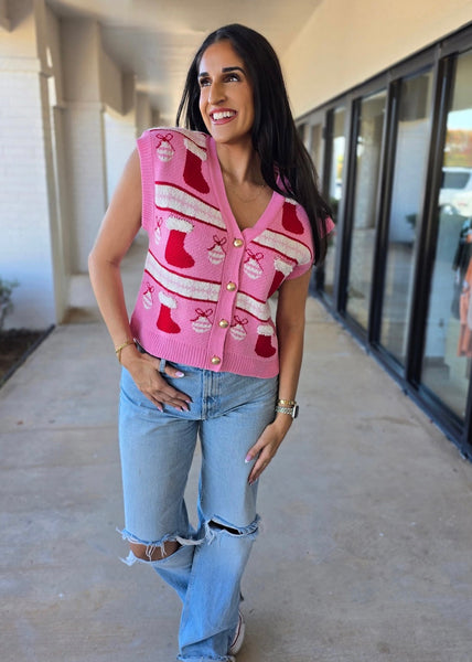 Pink Motive Christmas Patterned Sweater Vest