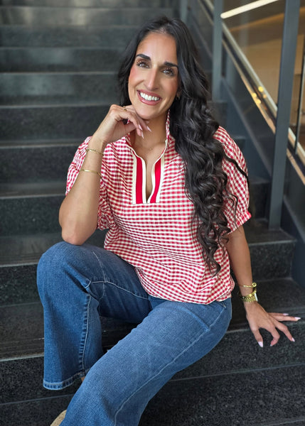 It's A Gem Red Plaid Short Sleeve Blouse