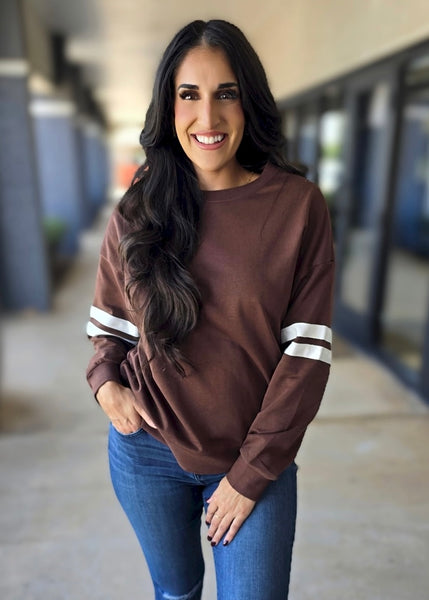 On Varsity Striped Brown Crewneck