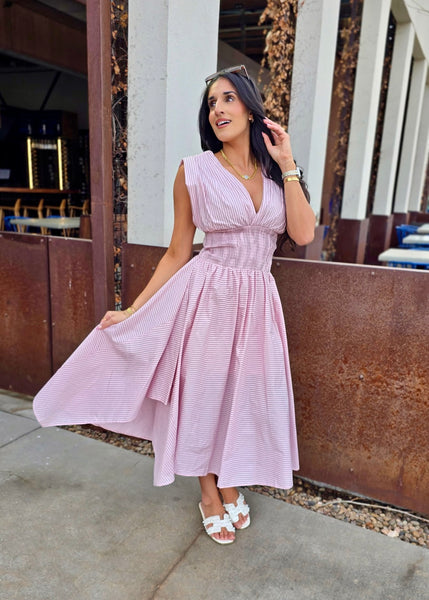 Spring Is In The Air Pink Striped Midi Dress