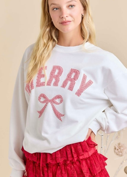 "Merry" Bow White Patched Sweatshirt
