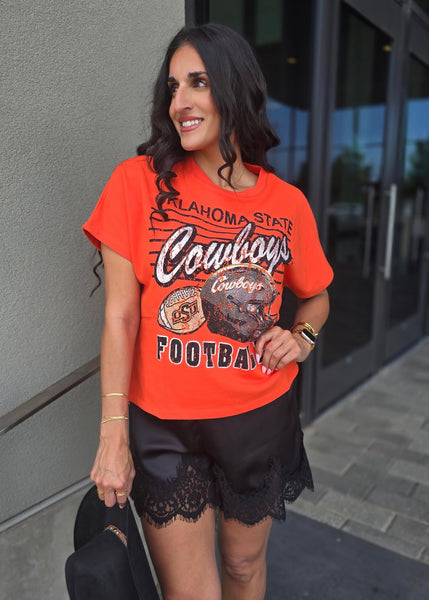OSU Cowboys Football Rhinestoned Orange Stadium Tee