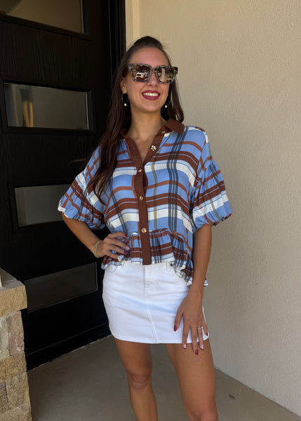 Plan On It Blue/Brown Plaid Babydoll Top