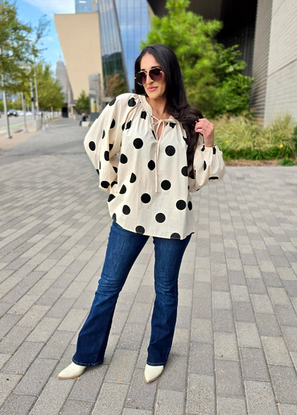 Exaggerated Polka Dot Balloon Sleeve Top