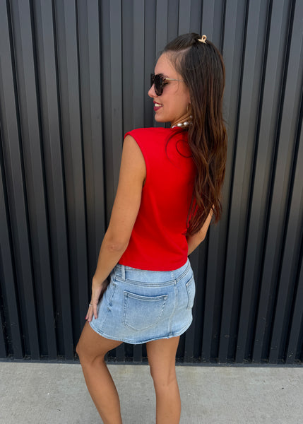 Dinner Plans Red Pleated Sleeveless Top