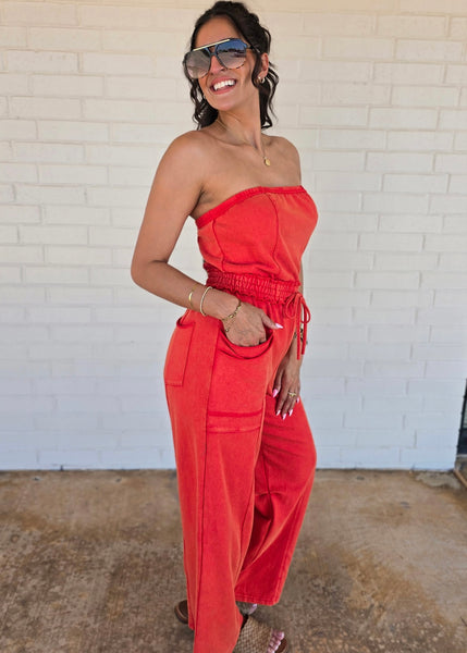 No Exposure Red Strapless Jumpsuit