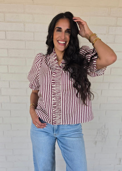 Get In Line Burgundy & White Striped Top