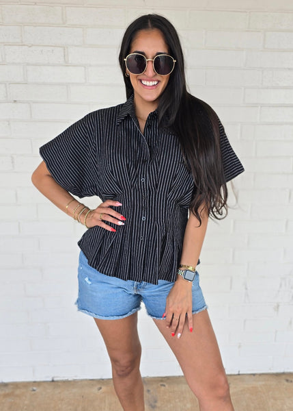 See About Me Black & White Striped Pleated Button Up