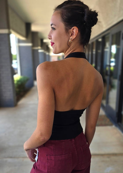 To Be Happy Black Halter Top With Gold Accent