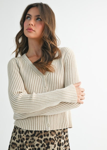 Places To go Oatmeal Ribbed Button Up Fitted Cardigan
