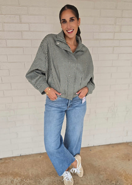 Checked In Long Sleeve Green Checked Bomber Jacket