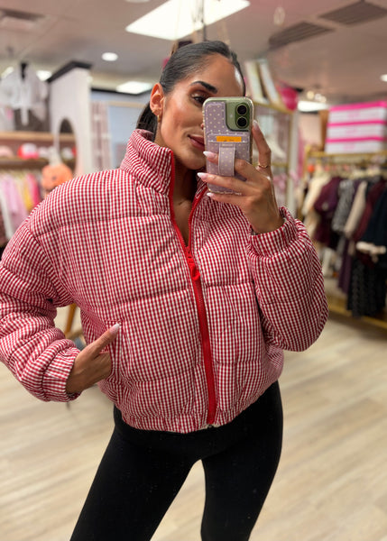 From The Stands Red & White Gingham Puffer Jacket