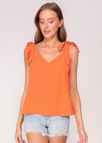 Wonderful Day V Neck Orange Top With Self Tie Straps