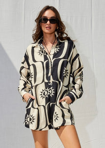 Suns Out Black & Beige Button Up Romper