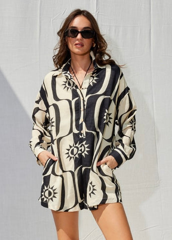 Suns Out Black & Beige Button Up Romper