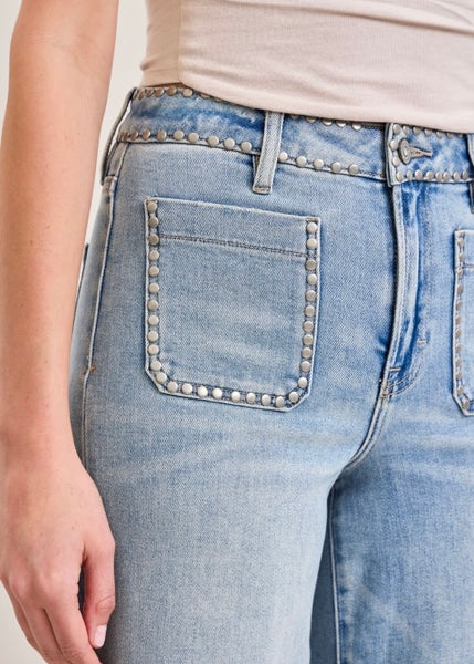 Nori High Rise Studded Wide Leg Stretch Jeans