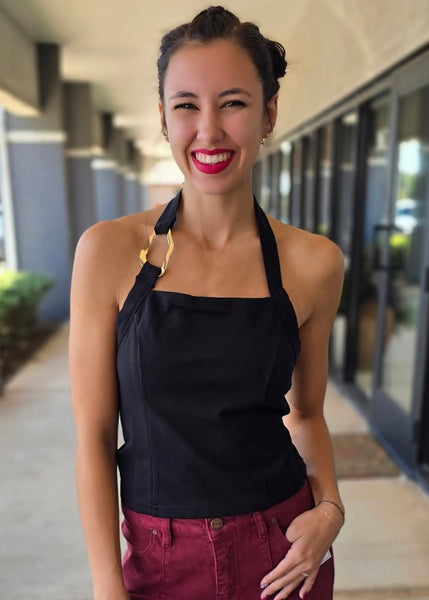 To Be Happy Black Halter Top With Gold Accent