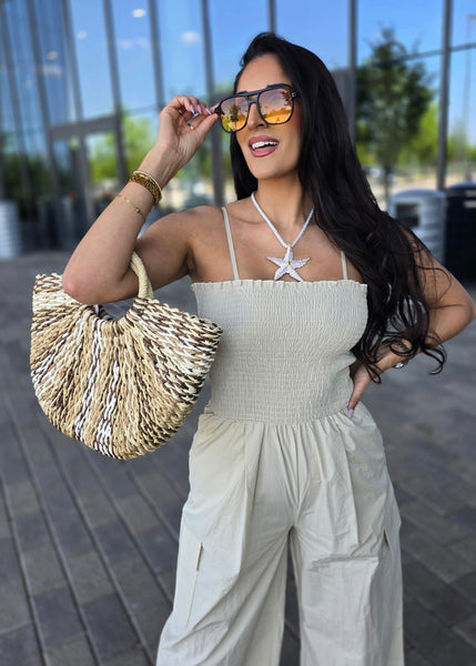 Neutral Round Handle Straw Bag