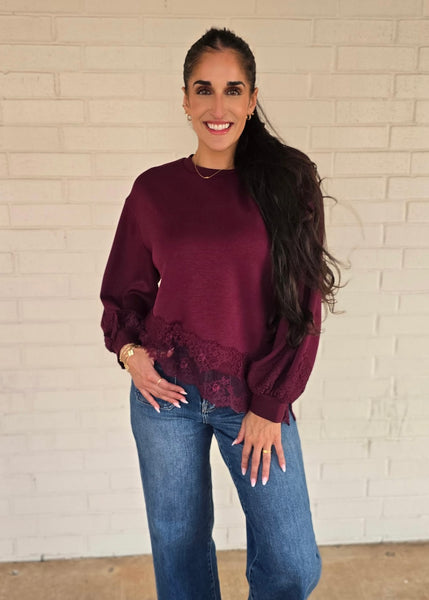 Wine & Dine Lace Trimmed Long Sleeve Top