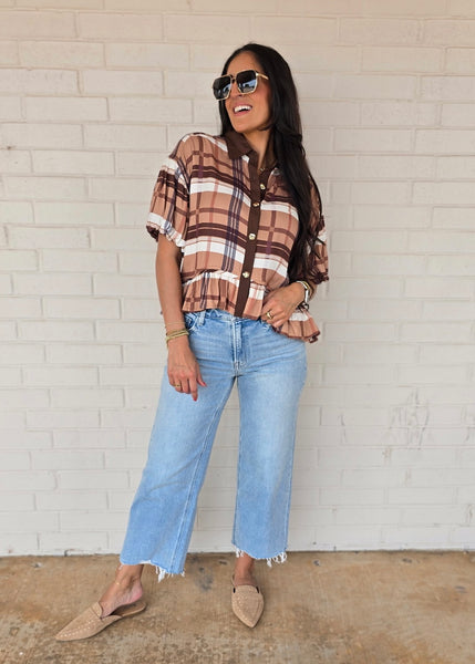 Plan On It Camel/Brown Plaid Baby Doll Top