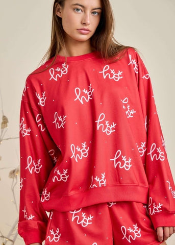 Red Rhinestoned "Ho, Ho, Ho" Printed Longsleeve Top