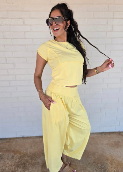 Sweet Butter Yellow Solid Cropped Capped Sleeve Top