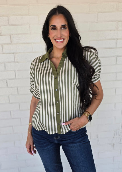 No Bother Olive/White Striped V-Neck Top